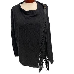 Ralph Lauren Sweater Poncho Style Top XS Fringe Leather Strap Wool Cashmere